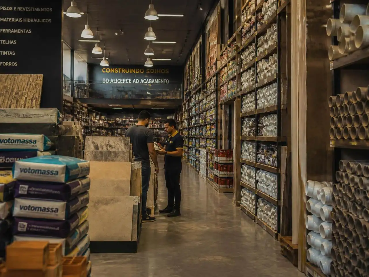 Corredor de uma grande loja de materiais para construção com vendedor atendendo cliente